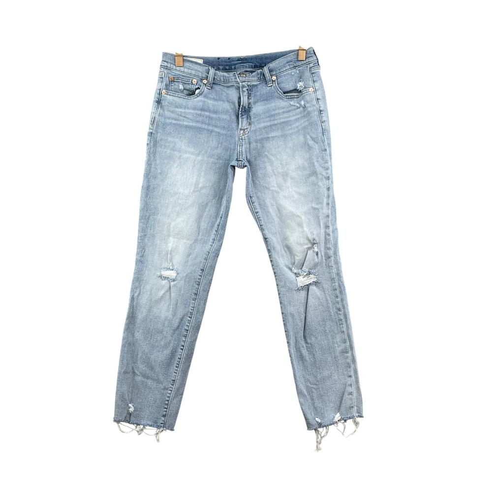 Gap Girlfriend Jeans Womens 10L Light Blue Distressed Mid‎ Rise Raw Hem Denim
